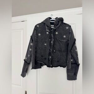 We The Free Black Star-Print Cropped Jean Jacket